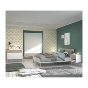 Chambre complete - AALBORG - Scandinave - Blanc / Chene - Lit 140 x 190 cm, 2 chevets, commode, armoire - PARISOT