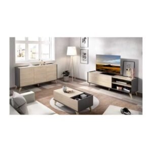Ensemble Meuble TV 155cm + buffet 3 portes 155cm + Table basse relevable - Chene naturel et graphite - NESS